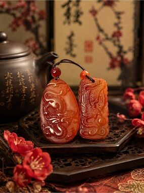 Carved Carnelian Agate Dragon & Phoenix Pendant Pair 🐉🐦‍🔥 Vintage Asian Jewelry